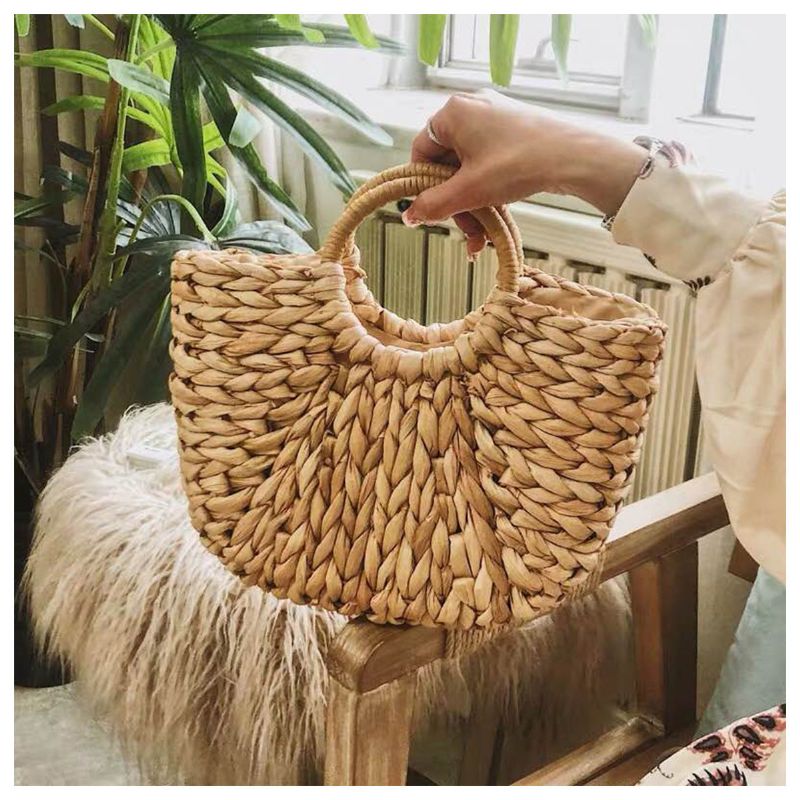 Straw Bag Dame Sommer Rattan Bag Håndlaget Vevd Circle Bohemia Beach Handbag