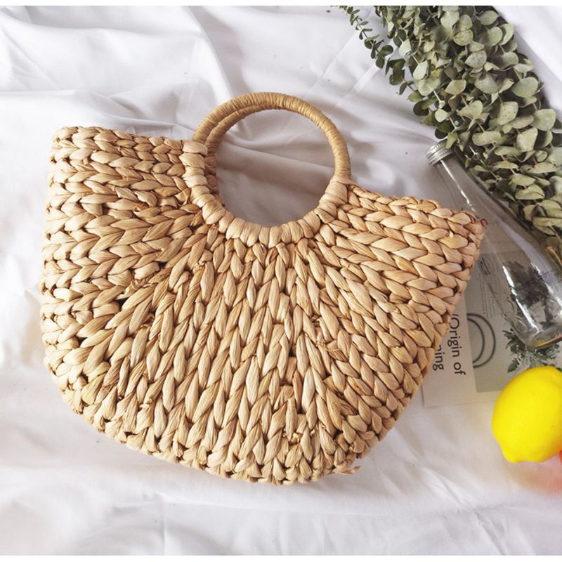 Straw Bag Dame Sommer Rattan Bag Håndlaget Vevd Circle Bohemia Beach Handbag