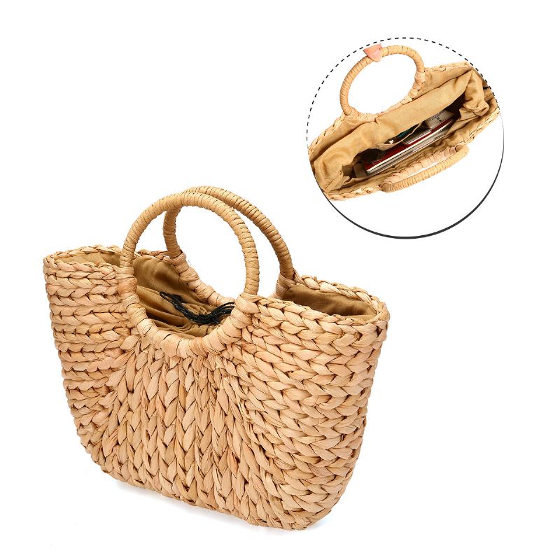 Straw Bag Dame Sommer Rattan Bag Håndlaget Vevd Circle Bohemia Beach Handbag