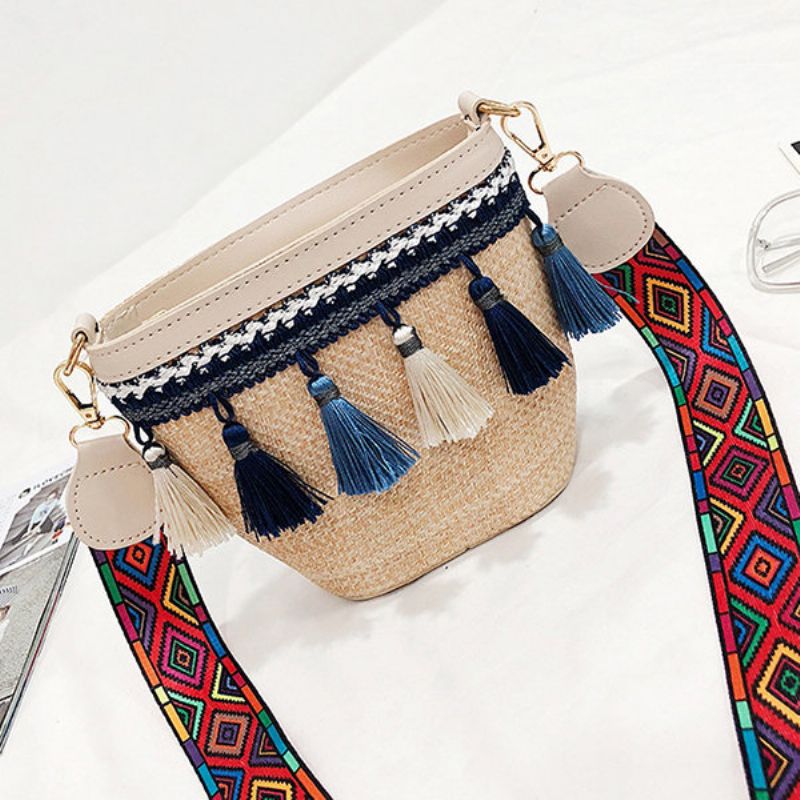 Straw Tassel Bucket Bag Skulderveske For Dame