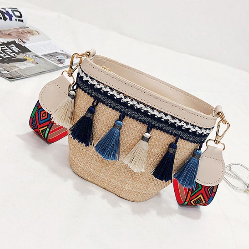 Straw Tassel Bucket Bag Skulderveske For Dame