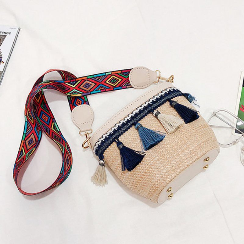 Straw Tassel Bucket Bag Skulderveske For Dame