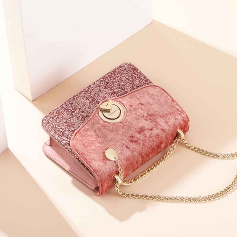 Velvet Chain Liten Firkantet Bag Mote Allsidig Skulder Messenger Bag Med Fancy Rund Plate Crossbody Bag