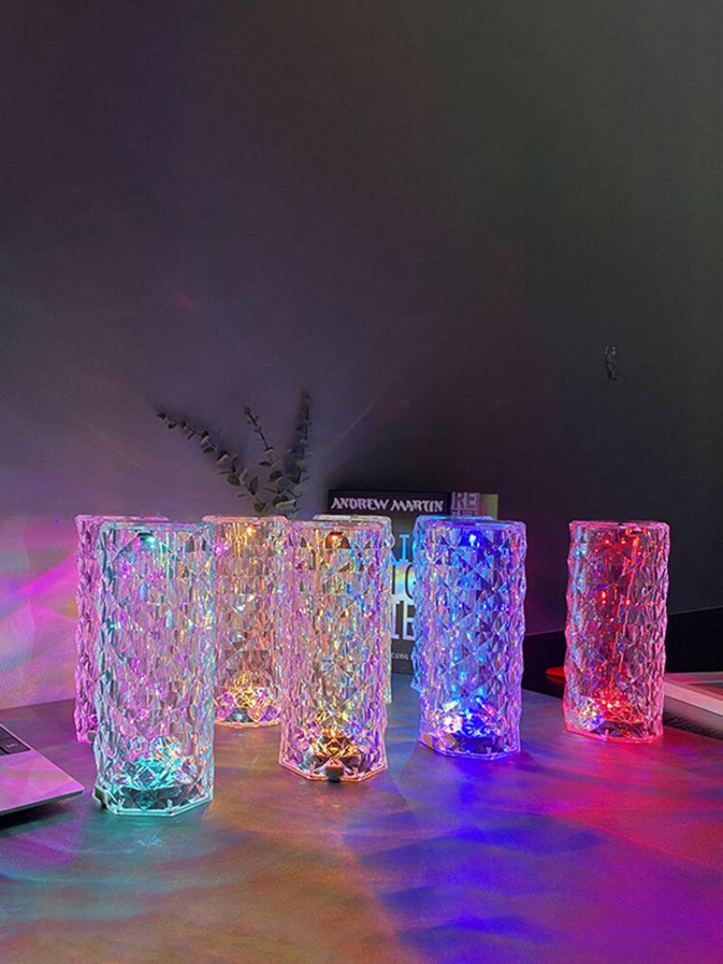 1 Stk Glassform Rosebladprojeksjon Krystall Flerfarget Bordlampe Soveromsdekor Led Diamond Atmosphere Nattlys