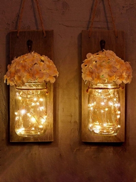 2 Stk Mason Jar Blomsterlys Med 6-timers Timer Led Lys Og Blomster Rustikk Hjemmeinnredning