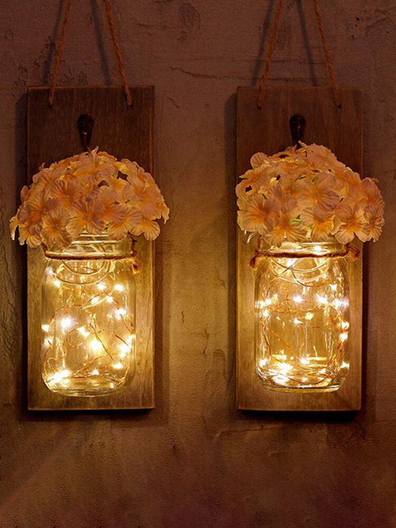 2 Stk Mason Jar Blomsterlys Med 6-timers Timer Led Lys Og Blomster Rustikk Hjemmeinnredning