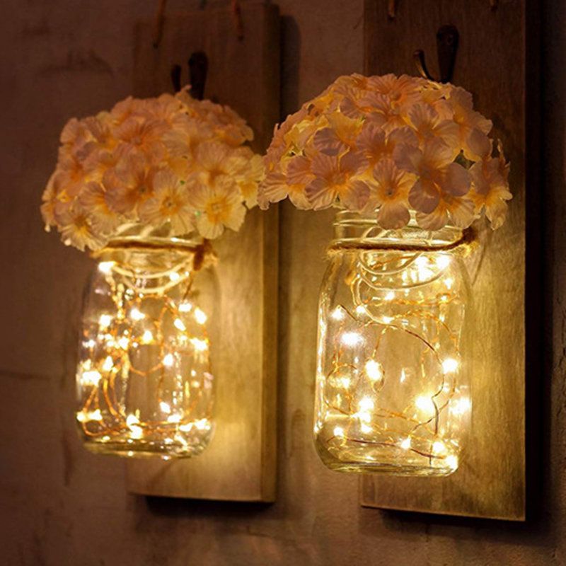 2 Stk Mason Jar Blomsterlys Med 6-timers Timer Led Lys Og Blomster Rustikk Hjemmeinnredning