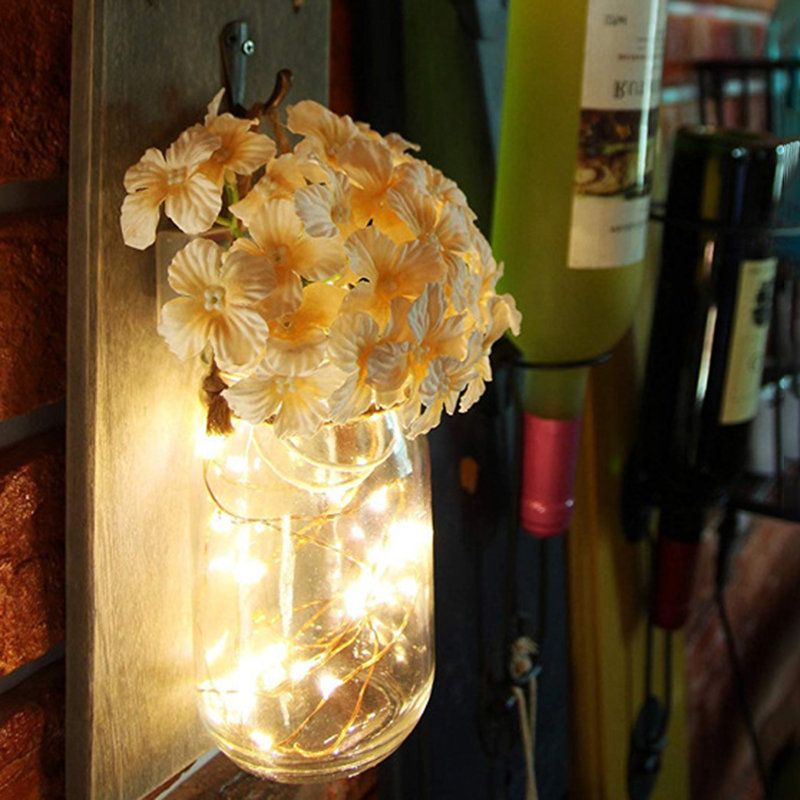 2 Stk Mason Jar Blomsterlys Med 6-timers Timer Led Lys Og Blomster Rustikk Hjemmeinnredning