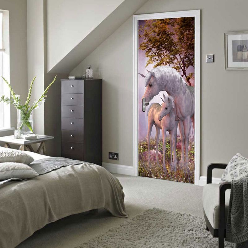 200x77cm 3d Unicorn Pvc Selvklebende Dørveggklistremerke Stue Veggmaleri Dekor