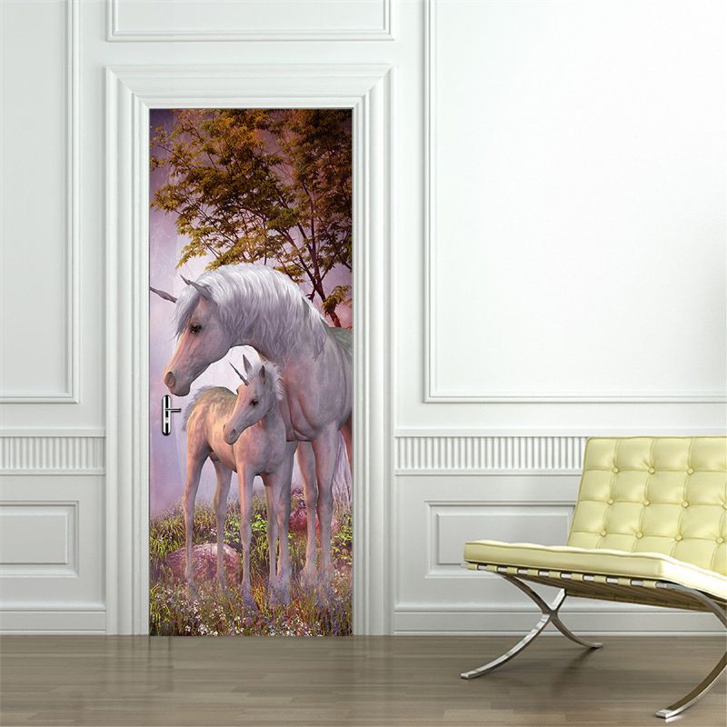 200x77cm 3d Unicorn Pvc Selvklebende Dørveggklistremerke Stue Veggmaleri Dekor