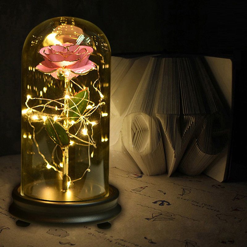 24k Gullrose Med Led-lys Kunstig Dekorasjon Dome Wood Base Valentinsdagsgaver