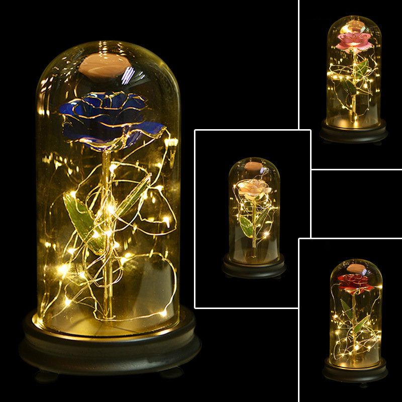 24k Gullrose Med Led-lys Kunstig Dekorasjon Dome Wood Base Valentinsdagsgaver