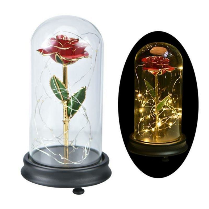 24k Gullrose Med Led-lys Kunstig Dekorasjon Dome Wood Base Valentinsdagsgaver