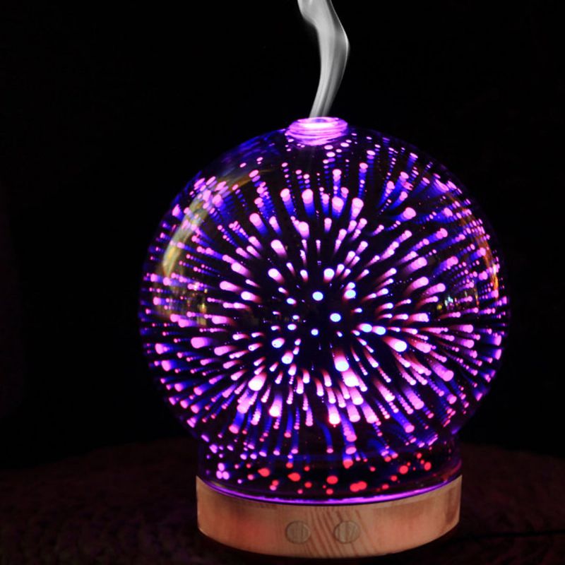 3d Fireworks Glass Aromaterapi Diffuser 100ml Cool Mist Luftfukter Fargeskiftende Lys Natt