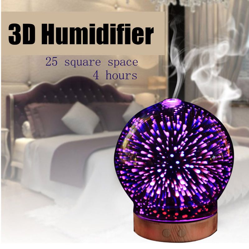 3d Fireworks Glass Aromaterapi Diffuser 100ml Cool Mist Luftfukter Fargeskiftende Lys Natt