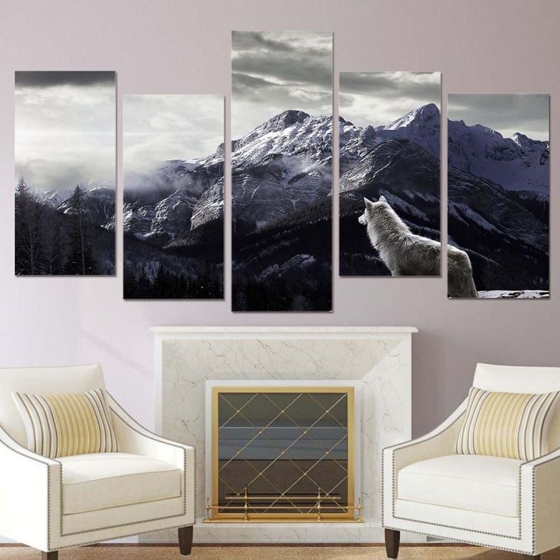 5 Stk Snow Mountain Plateau Wolf Uinnrammede Lerretsbilder Maleri Wall Art Home Decor