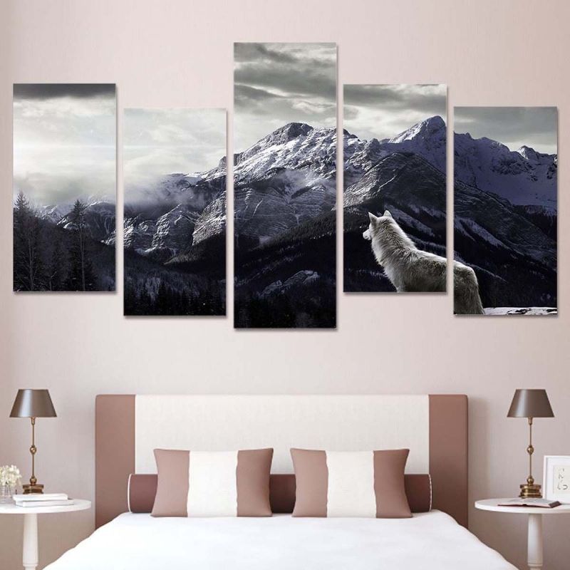 5 Stk Snow Mountain Plateau Wolf Uinnrammede Lerretsbilder Maleri Wall Art Home Decor