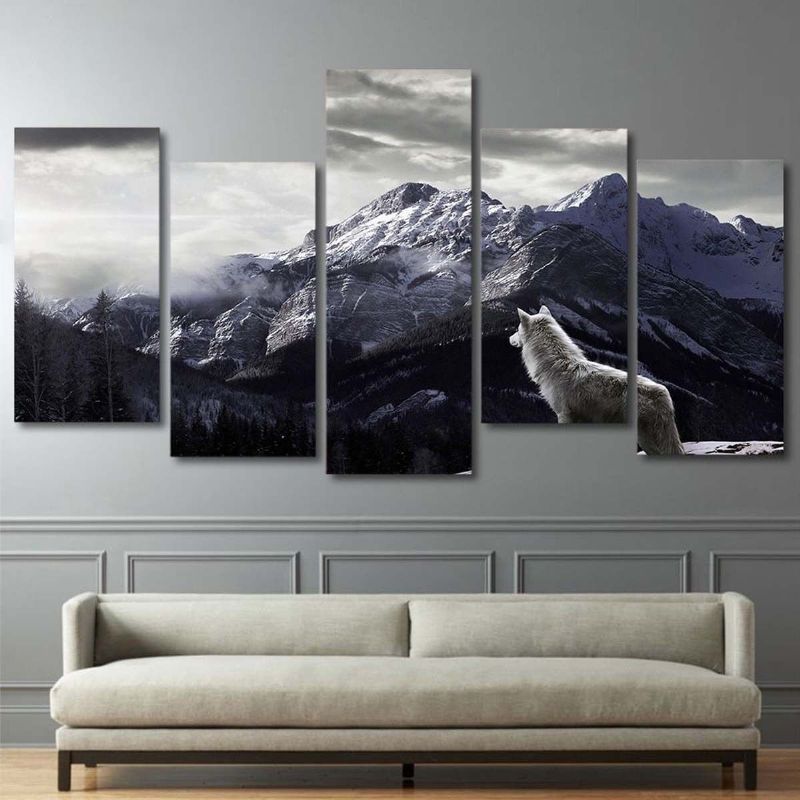 5 Stk Snow Mountain Plateau Wolf Uinnrammede Lerretsbilder Maleri Wall Art Home Decor