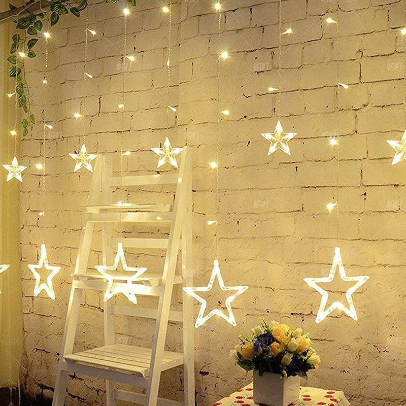 5m 138leds Christmas Fairy Lights Festoon Led String Star Garland Vindugardin Innendørs Dekorasjon Halloween Fest Bryllupsbelysning