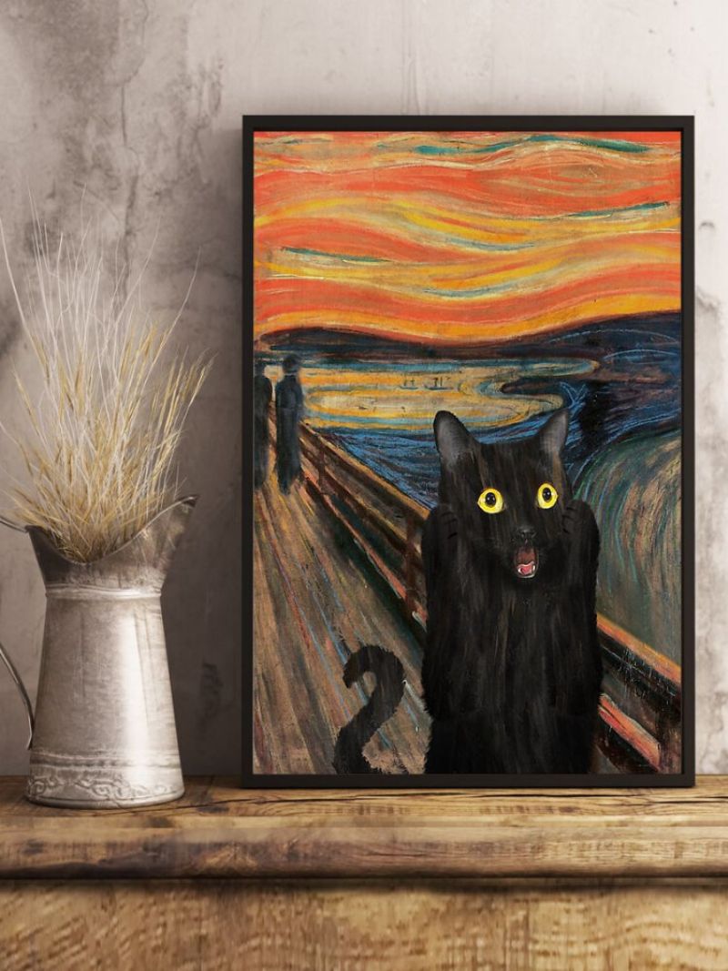 Black Cat Uinnrammet Oljemaleri Lerret Mystisk Veggkunst Stue Home Decor