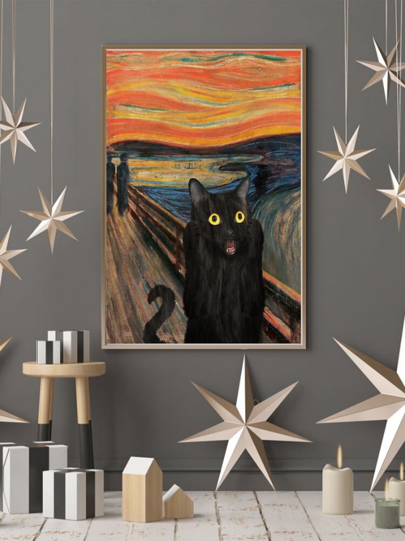 Black Cat Uinnrammet Oljemaleri Lerret Mystisk Veggkunst Stue Home Decor