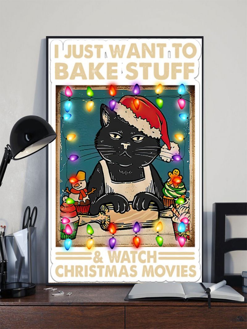 Christmas Black Cat Mønster Uinnrammet Oljemaleri Lerret Vegg Art Stue Home Decor