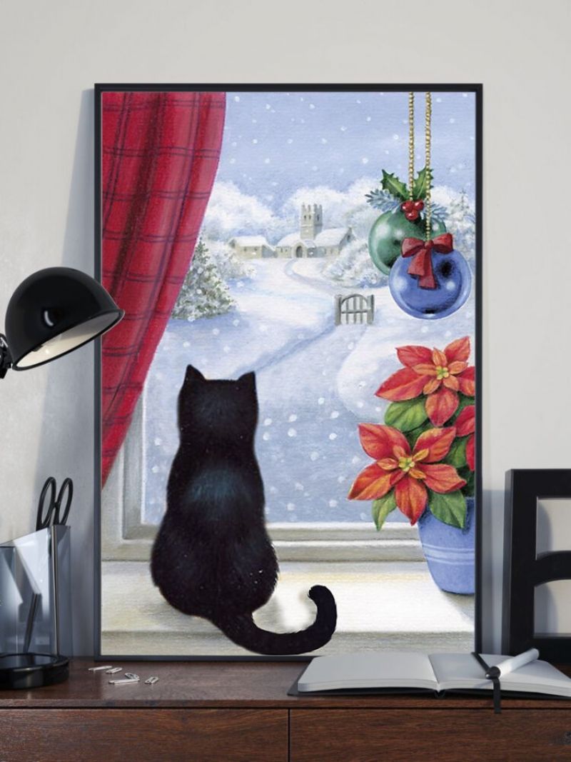 Christmas Snowing Cats Lerretsmaleri Uinnrammet Veggkunst Lerret Stue Home Decor