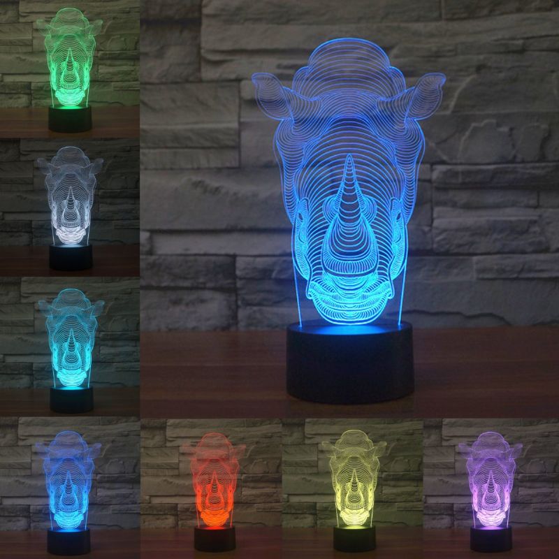 Dyr Rhino 3d Led Illusion Nattlys 7 Fargeendring Touch Switch Bord Skrivebordslampe Hjemmekontor