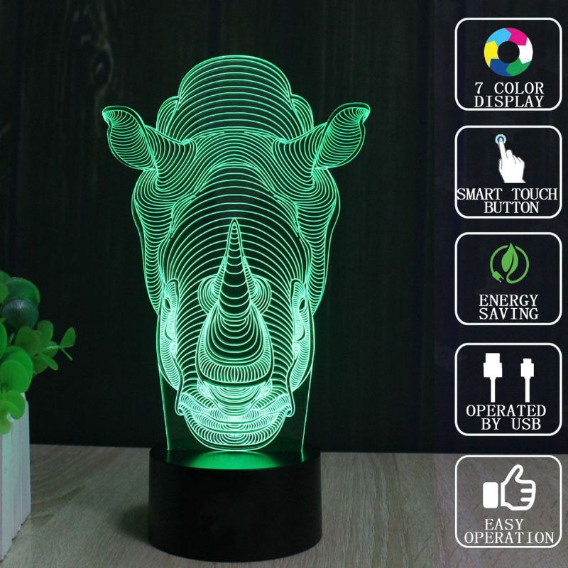 Dyr Rhino 3d Led Illusion Nattlys 7 Fargeendring Touch Switch Bord Skrivebordslampe Hjemmekontor