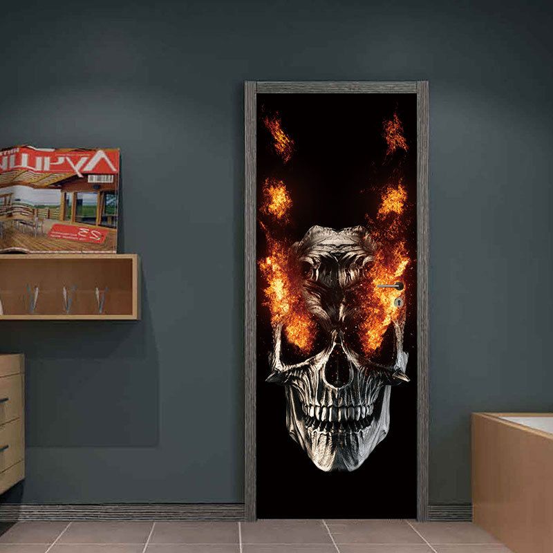 Festrekvisita Halloween-dekorasjoner Flamme Skull Veggklistremerke Haunted House Decoration Door Stort Klistremerke