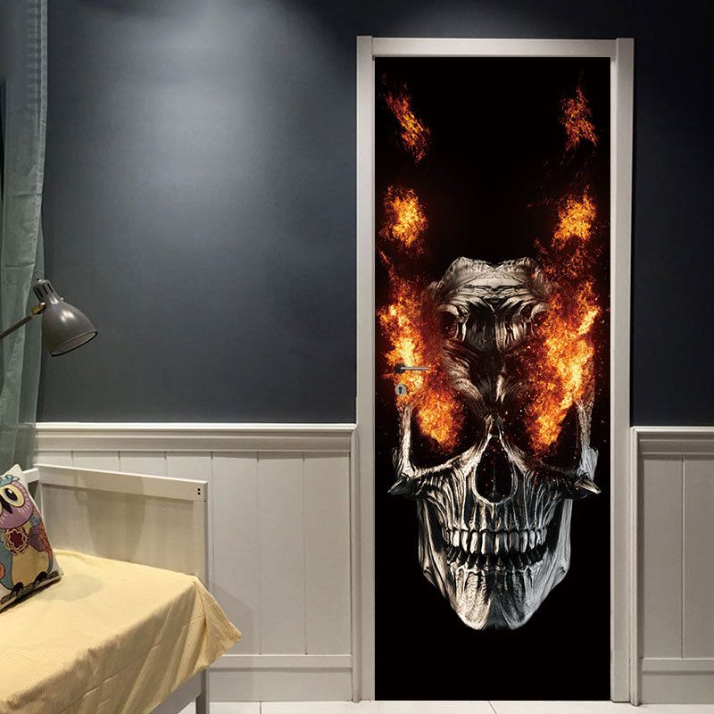 Festrekvisita Halloween-dekorasjoner Flamme Skull Veggklistremerke Haunted House Decoration Door Stort Klistremerke