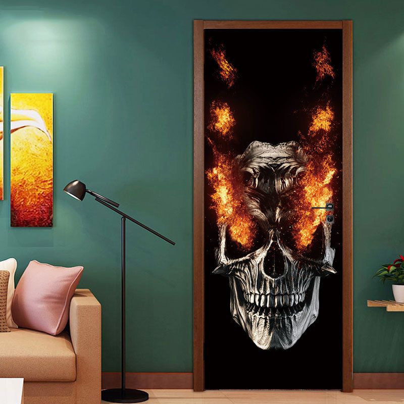 Festrekvisita Halloween-dekorasjoner Flamme Skull Veggklistremerke Haunted House Decoration Door Stort Klistremerke