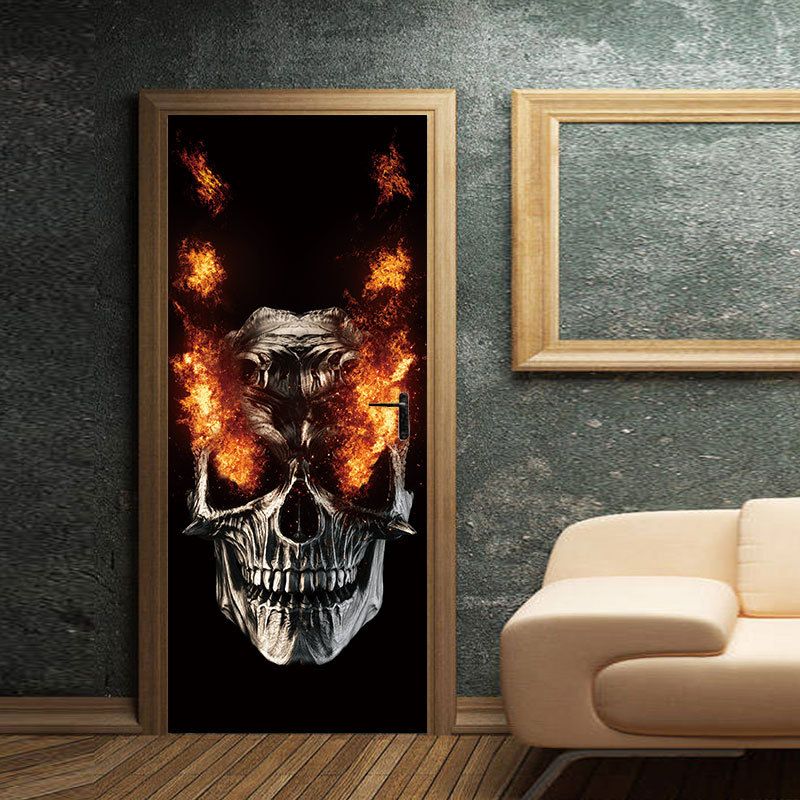 Festrekvisita Halloween-dekorasjoner Flamme Skull Veggklistremerke Haunted House Decoration Door Stort Klistremerke