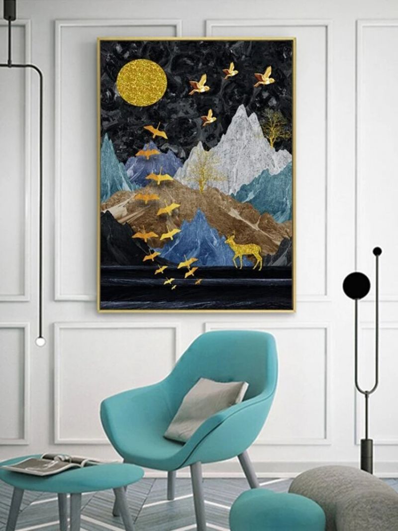 Fjell Og Dyr Print Mønster Lerret Maleri Uinnrammet Vegg Art Stue Home Decor