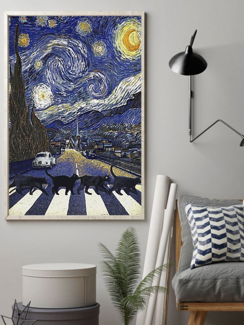 Himmel Og Svarte Katter Uinnrammet Oljemaleri Lerret Mystisk Veggkunst Stue Home Decor