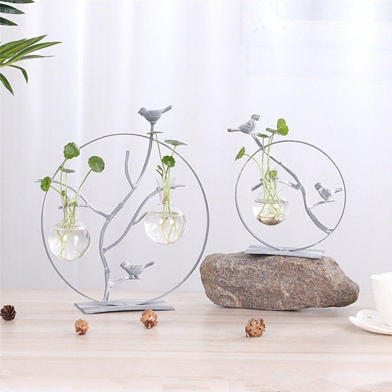 Iron Bird Blomstervase Creative Hydroponic Container Glass Home Decoration