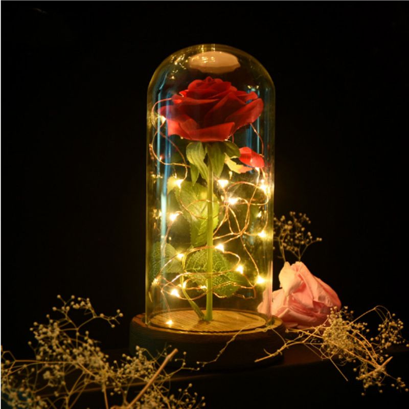 Julepynt Skjønnhet Enchanted Bevart Red Fresh Rose Glass Cover + Led Light