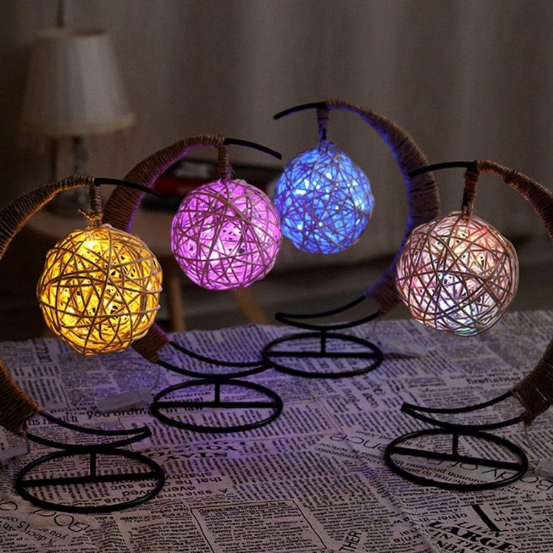 Led Nattlys Håndlaget Rattan Ball Smijernsramme Creative Home Light Decor