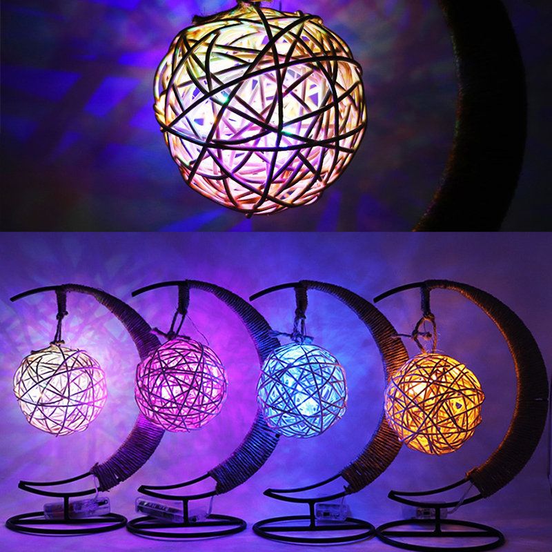 Led Nattlys Håndlaget Rattan Ball Smijernsramme Creative Home Light Decor