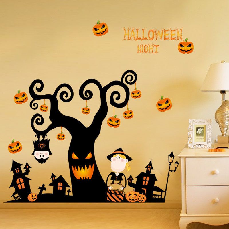 Pvc Halloween Sticker Tree House Haunted Castle Pumpkin Light Wall Window Decoration