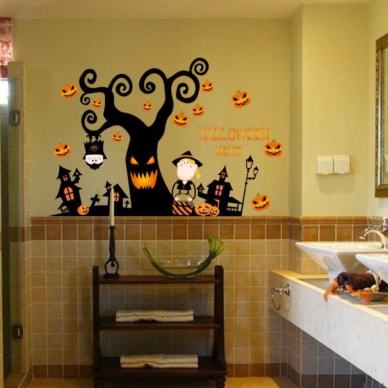 Pvc Halloween Sticker Tree House Haunted Castle Pumpkin Light Wall Window Decoration