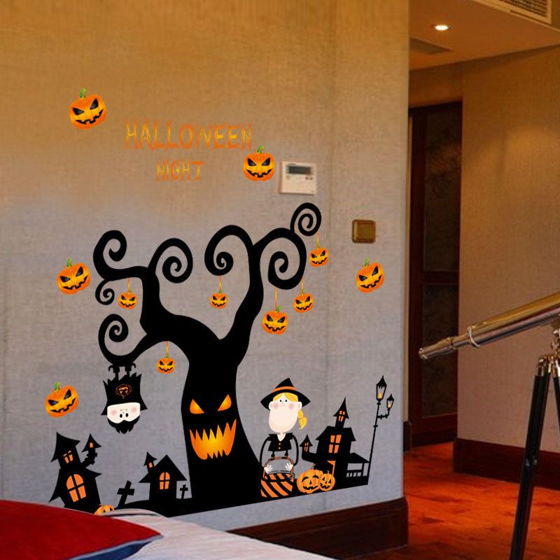 Pvc Halloween Sticker Tree House Haunted Castle Pumpkin Light Wall Window Decoration