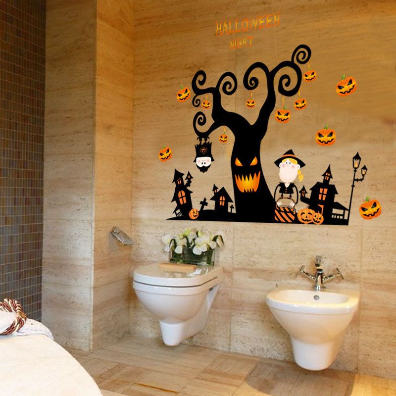 Pvc Halloween Sticker Tree House Haunted Castle Pumpkin Light Wall Window Decoration