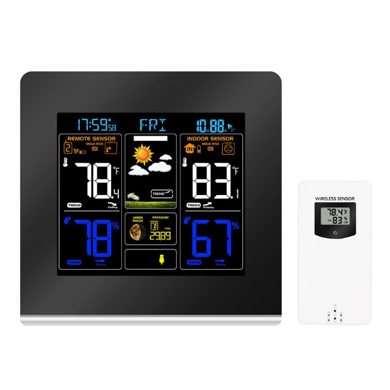 Rf433 Lcd Farge Værstasjon Klokke Termometer Fuktighet Snooze Soloppgang Solnedgang Kalender 12h 24h Display Usb Lading + Utendørs Trådløs Sensor