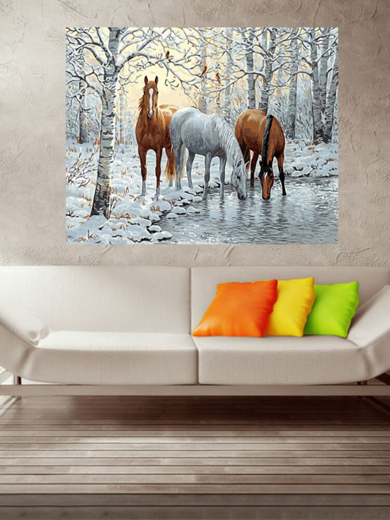 Treinnrammet Diy Maling Etter Nummer 16x20 Tommer Sett Three Horses In Ice Forest