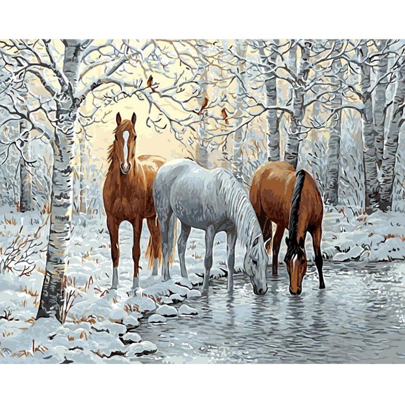 Treinnrammet Diy Maling Etter Nummer 16x20 Tommer Sett Three Horses In Ice Forest