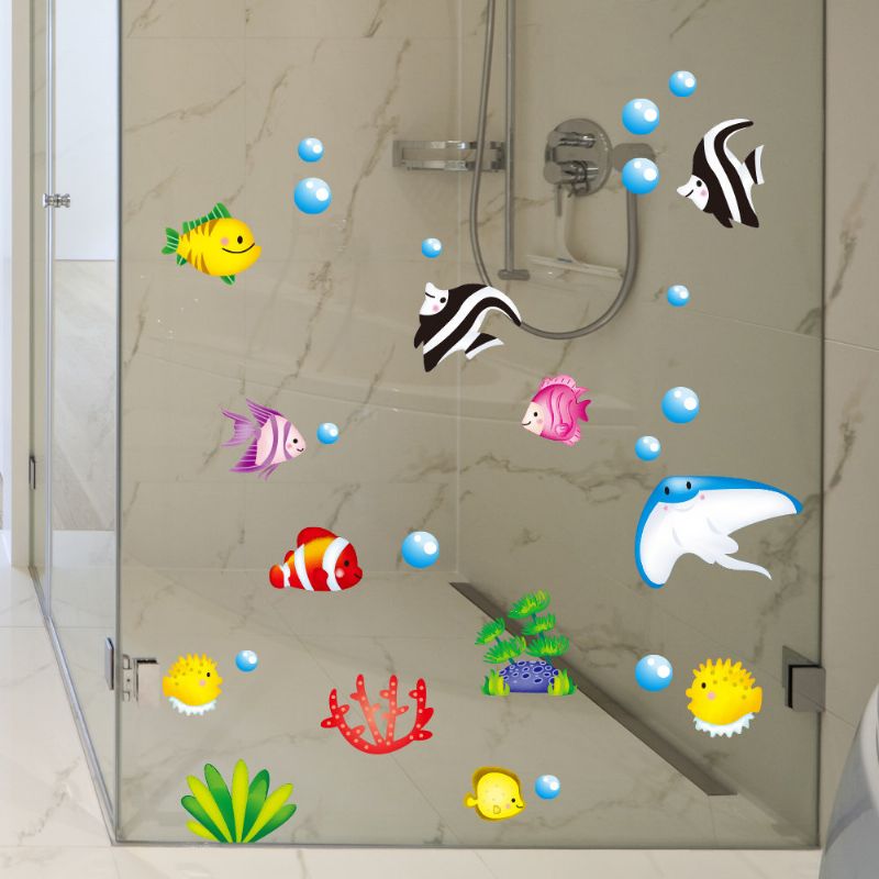 Tropical Cartoon Fish Sea Bubble Ocean World Fjernbar Vegg Baderomsklistremerke Glasspasta Dekor