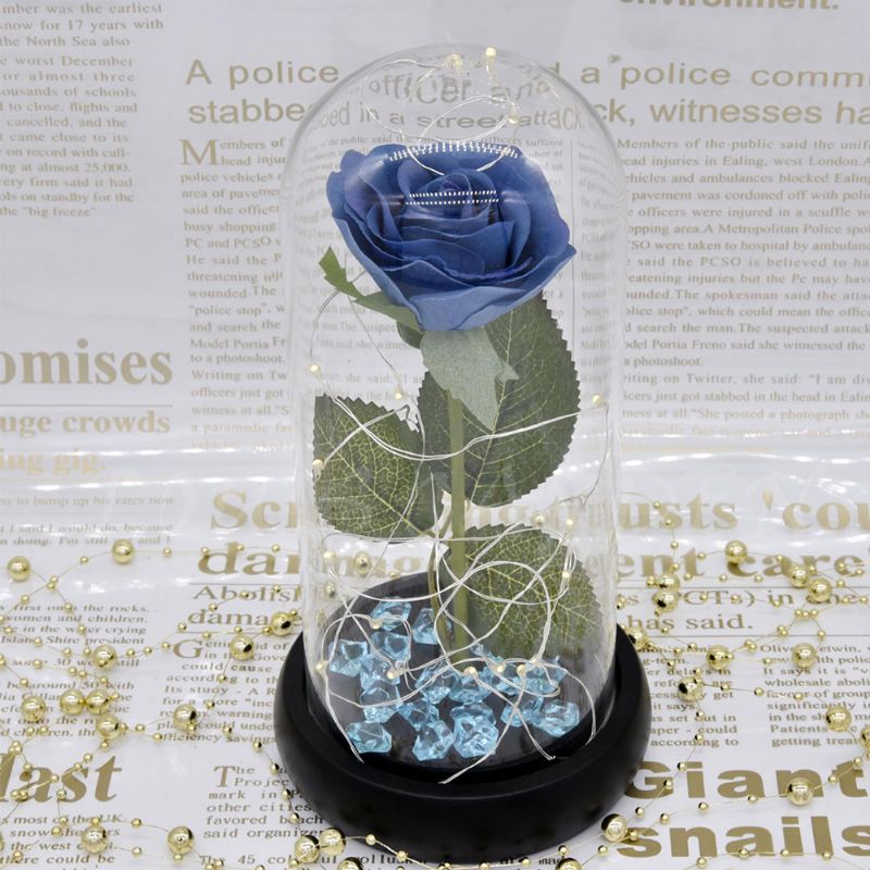 Blue Roses Lamp Med Led Fairy String Lights Fallne Kronblad Og Abs Base I En Glasskuppel Valentinsdag Beste Gave Til Henne