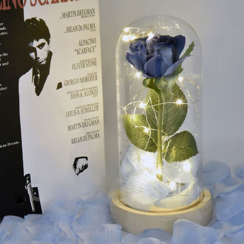 Blue Roses Lamp Med Led Fairy String Lights Fallne Kronblad Og Abs Base I En Glasskuppel Valentinsdag Beste Gave Til Henne