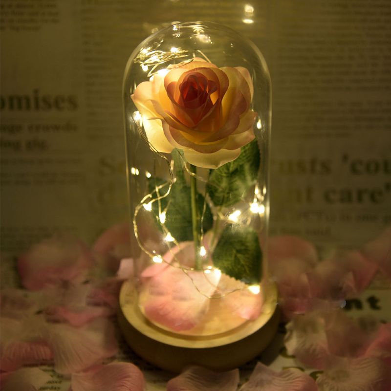 Champagne Roses Lampe Med Led Fairy String Lights Fallne Kronblad Og Abs Base I En Glasskuppel Valentinsdag Romantiske Gaver